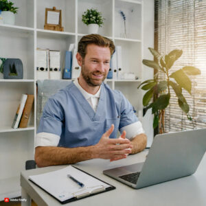 Priser 4 Firefly Fysioterapeut der sidder paa sit kontor og snakker med en patient online via internettet 4634